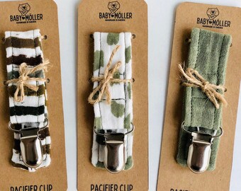 Sage Green Muslin Pacifier Clip: Animal Print Soother Strap