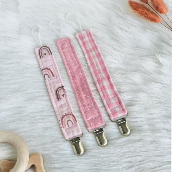 Baby Girl Fabric Dummy Chain Infant Dummy Clip Organic Muslin Soother Chain Pink Pastel Baby Pacifier Clip Pink Pacifier Strap Cotton Clip