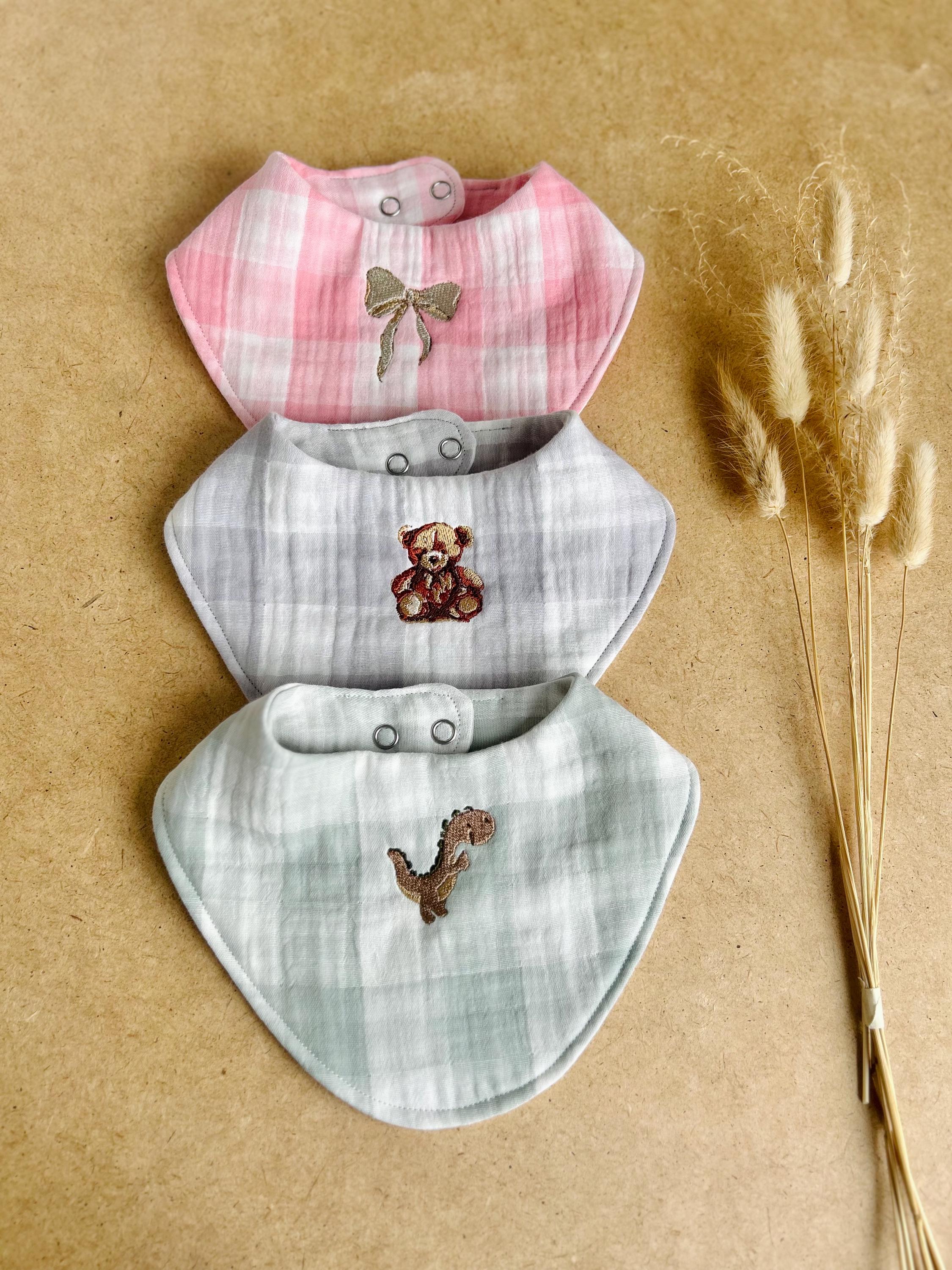 Embroidered Baby Bib Gingham Drool Bib Dinosaur Dribble Bib Heirloom Newborn Gift High-Quality Muslin Burping Bib Baby Shower Present