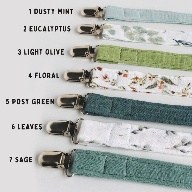 Organic Cotton Baby Pacifier Clip Green Fabric Pacifier Chain Fabric Dummy Clip Muslin Pacifier Strap Welcome Present Baby Registry Gift zdjęcie 4
