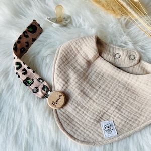Clip para chupete con estampado animal, clip para chupete de tela en tono neutro, cadena para chupete con estampado de leopardo, correa para chupete de muselina estampada, regalo de registro de bebé