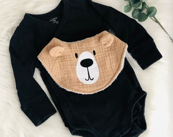 Newborn Baby Outfit Bear Bib Cuddly Bear Organic Bamboo Muslin Flat Lay Bib First Born Baby Gift Bear-Themed Baby Shower Gift Bear Baby Gift
