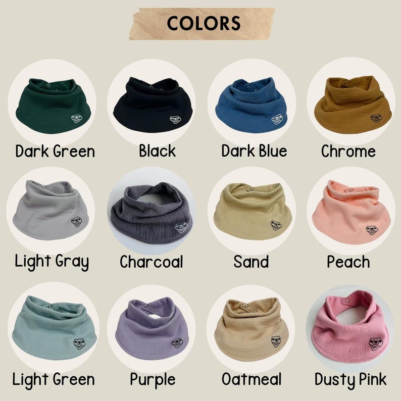 Puede incluir: Una selecci&oacute;n de baberos para beb&eacute;s en varios colores, incluyendo verde oscuro, negro, azul oscuro y cromo. Otros colores incluyen gris claro, carb&oacute;n, arena, melocot&oacute;n, verde claro, morado, avena y rosa empolvado. La palabra "COLORS" est&aacute; en la parte superior.