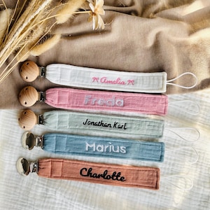 Bestickter Schnullerclip, personalisierter Musselin-Schnullerhalter, leichte Schnullerkette, Baumwollschnullerband für Babys, Baby-Schnullerhalter