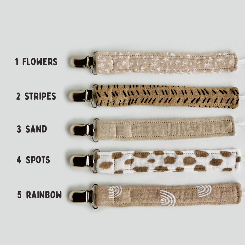 Stylish Baby Pacifier Clip Boho Safari Dummy Clip Organic Muslin Soother Strap Neutral Dummy Chain Muslin Fabric Pacifier Holder Earth Tone image 3