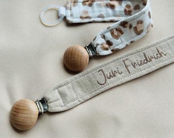 Custom Soother Chain with Silicone Ring Attachment Muslin Dummy Chain Baby Pacifier Clip with Wood Clip Personalized Infant Soother Holder