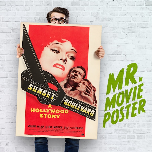 Sunset Boulevard – Affiche de film noir classique – Reproduction retouchée de haute qualité en petits caractères disponibles en grandes tailles