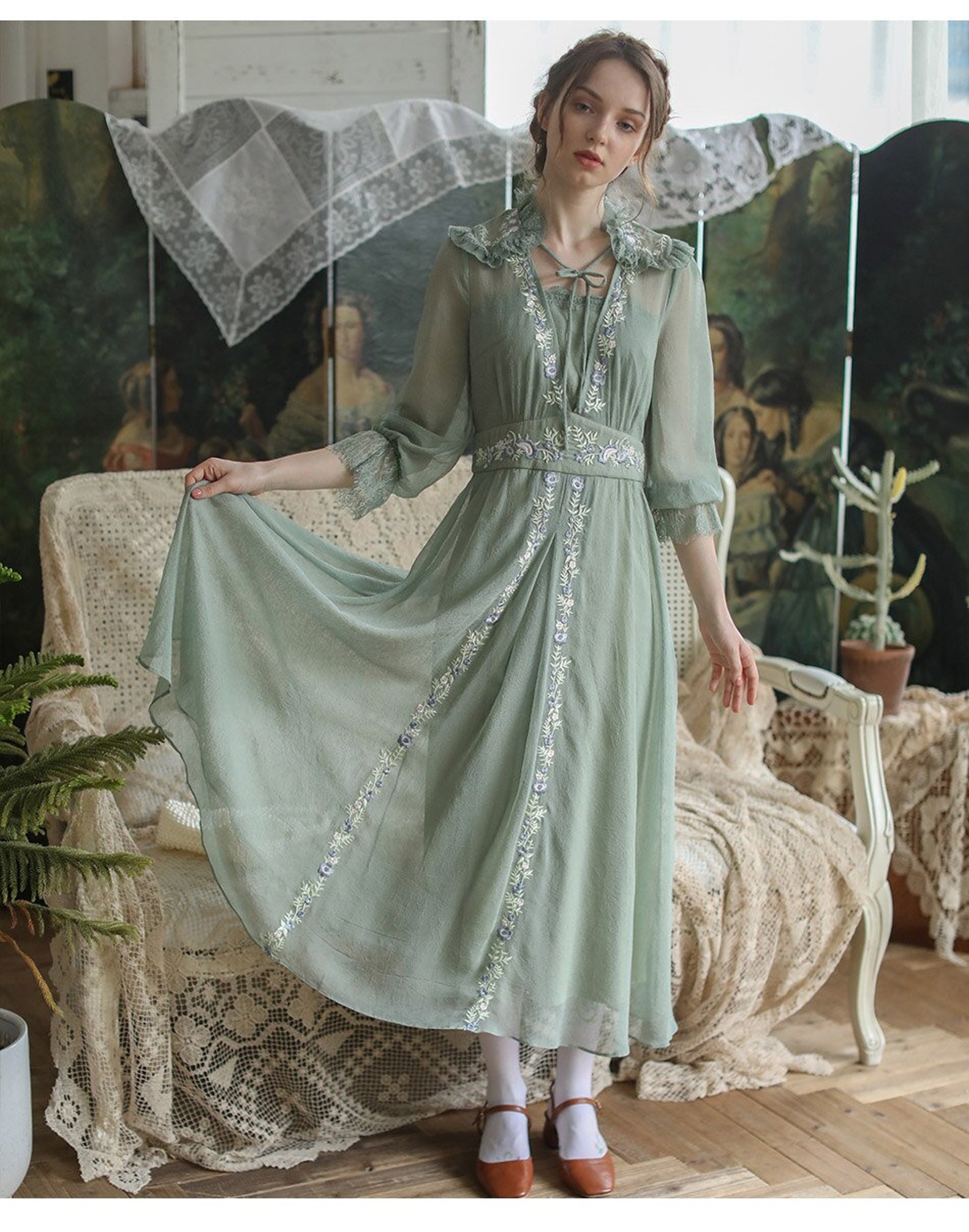 Fee vintage grünes Kleid Süße Stickerei Grünes Long Kleid | Etsy