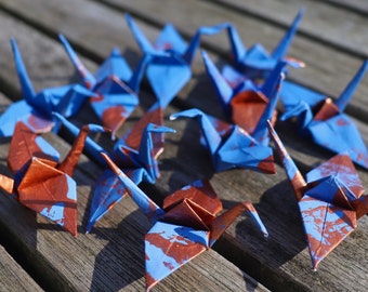Origami cranes made of hand-painted paper - various quantities/packs - blue/bronze