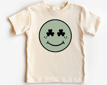 St. Patrick's Day Smiley Face Shirt For Kids, Retro St Patricks Day Clover Shamrock Toddler Tee, St. Patrick's Vintage Natural Toddler Tee