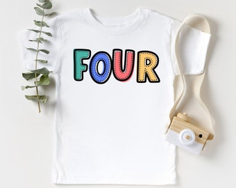 Kids Fourth Birthday Shirt, Retro Birthday Tee, Fourth Birthday Natural Toddler Shirt, Colorful Four Year Old Birthday Tee