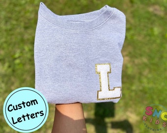 Toddler chenille patch sweatshirt, Personalized Crewneck Pullover for Girls, toddler initial sweatshirt