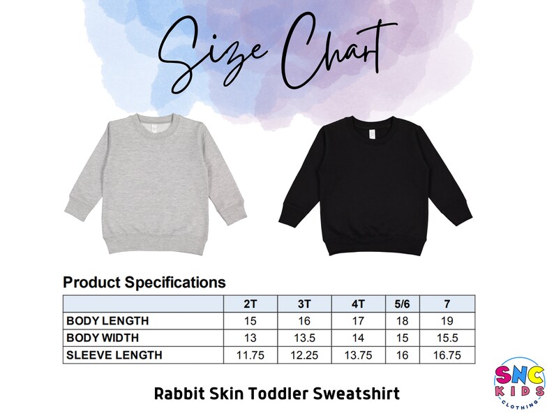 Puede incluir: Tabla de tallas para una sudadera para ni&ntilde;os peque&ntilde;os Rabbit Skin. La tabla incluye medidas de largo del cuerpo, ancho del cuerpo y largo de la manga para las tallas 2T a 7. Se muestran dos sudaderas, una gris y otra negra.