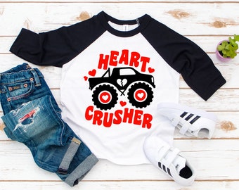 Heart crusher Monster truck shirt, Valentine Sweatshirt for kids, Kids Valentine's Baseball Tee, Valentines Day Toddler Boy Shirt