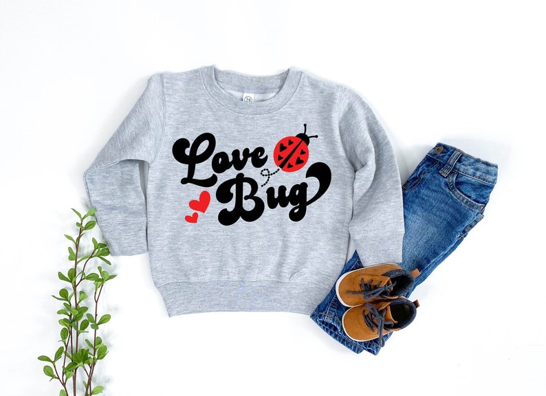 May include: A light gray sweatshirt with the words "Love Bug" in black script and a red ladybug graphic. Two red hearts are on the left side. The sweatshirt is paired with blue jeans and brown shoes.