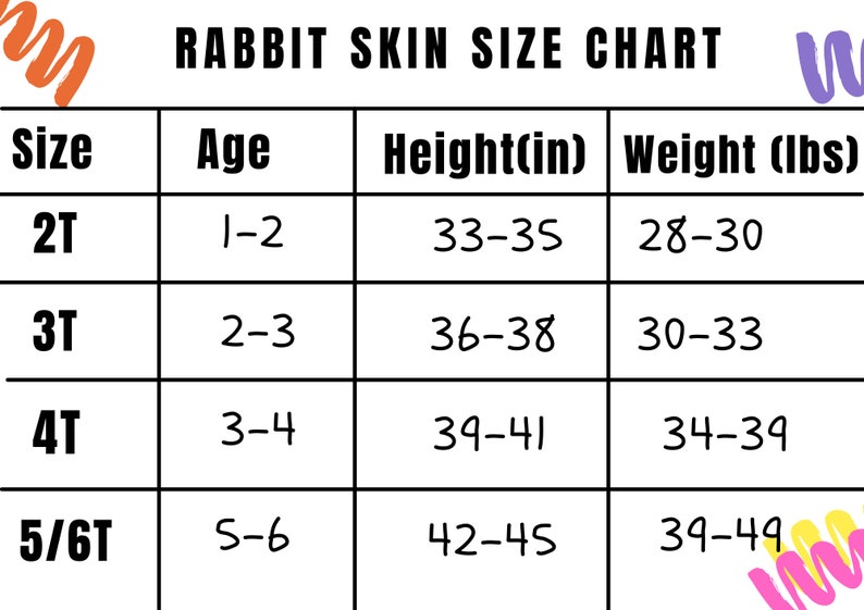 Puede incluir: Tabla de tallas de Rabbit Skin con tallas, edades, altura en pulgadas y peso en libras. Las tallas van de 2T a 5/6T, para edades de 1 a 6 a&ntilde;os. La altura var&iacute;a de 83,8 a 114,3 cm, y el peso de 12,7 a 22,2 kg.