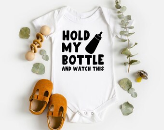 Hold My Bottle And Watch This Funny Toddler Onesie, Milk Bottle Baby Bodysuit, Funny Juice Baby Girl Kids Shirt, Baby shower T-Shirt gift