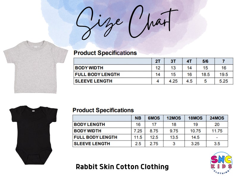 Puede incluir: Una tabla de tallas para ropa de ni&ntilde;os, con una camiseta gris y un body negro. La tabla proporciona medidas de ancho de cuerpo, largo total del cuerpo y largo de manga en pulgadas para tallas de 2T a 7 y NB a 24MOS. El texto "Size Chart" est&aacute; en la parte superior.