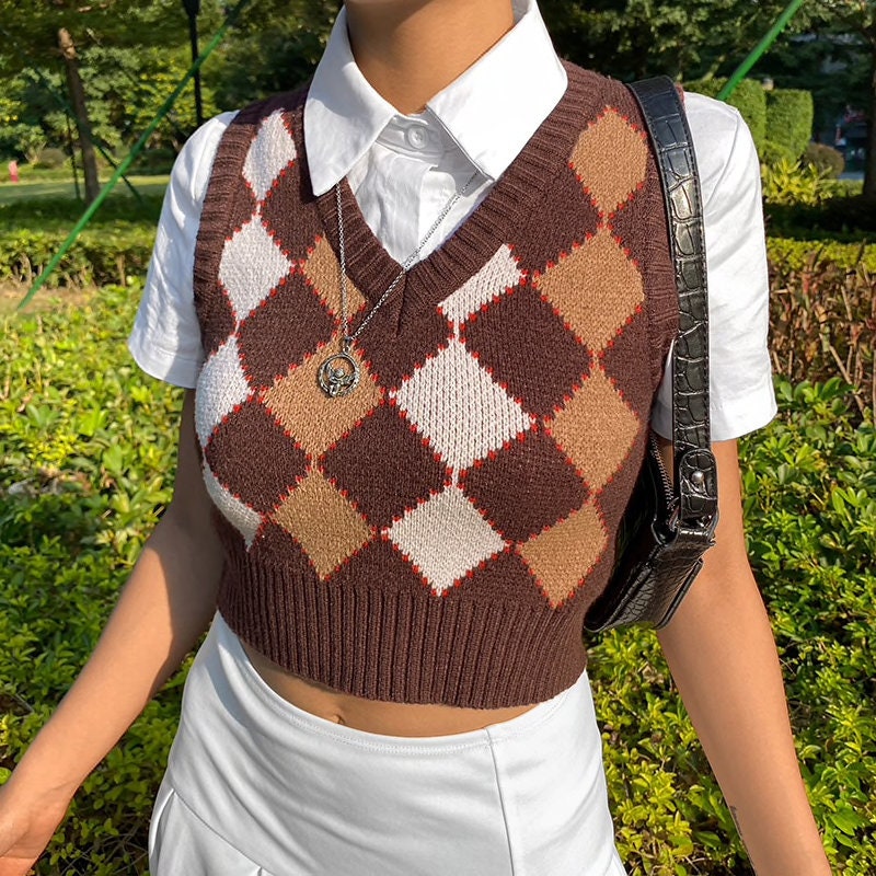 Cropped Knitted Sleeveless Argyle Vest For Women Etsy