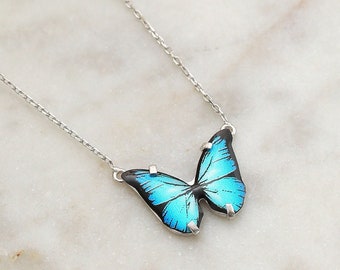 Dainty Blue Butterfly Necklace , Enamel Pendant ,Back To School Jewelry , Mother's Day , Colourful Jewelry , Turquoise Butterfly