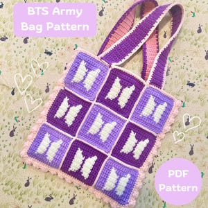 May include: A crochet tote bag featuring a grid of nine squares in alternating shades of purple, each displaying a white BTS logo. The bag has two purple and pink striped handles and a light pink scalloped border. Text reads BTS Army Bag Pattern.