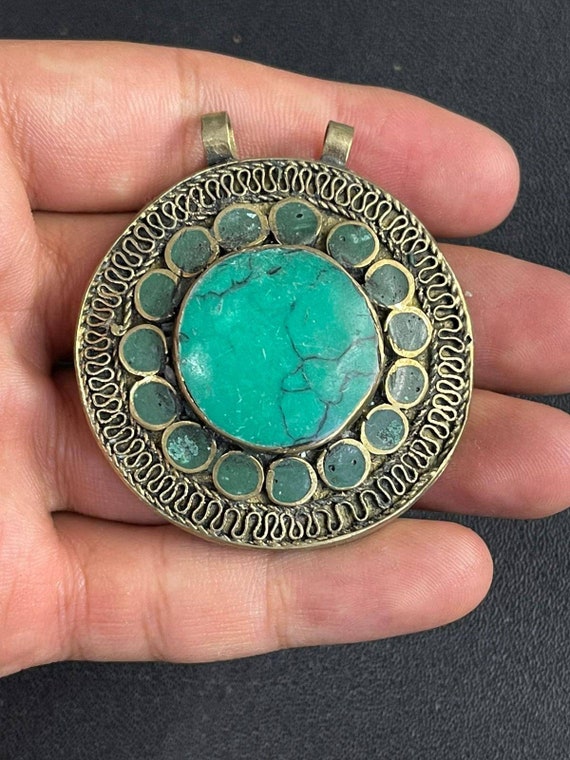 Stunning Antique Near Eastern Old Brass Malachite 