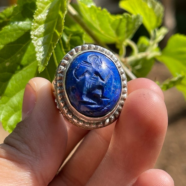 Excellent Ancient Lapis Lazuli Stone Roman King Engravings Rare Excellent Solid Silver Ring