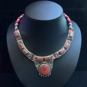 Vintage Tibetan Himalayan Silver Plated with coral stone Unique Design Necklace