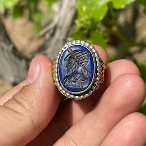 Rare Ancient Lapis Lazuli Stone Roman King Engravings Rare Excellent Solid Silver Ring