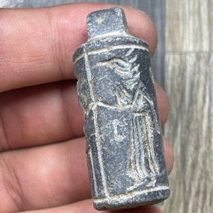 Unique Ancient Near Eastern Old intaglio Stone Cylinder Seal stamp Amulet with Impressions