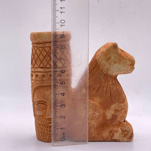 Antique Near Eastern Ancient Stone Carved shops Rhytun Vassel In The form of Animal with Human faces Depicted