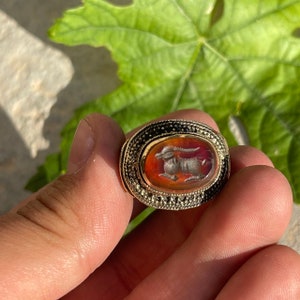 Antike Post Mittelalter alte Messing Siegelring mit antiken Achat Stein Tier Intaglio seltene Ring