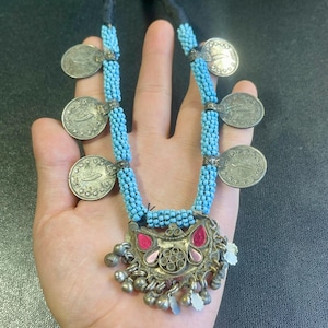 Vintage Kuchi Necklace: Afghan Tribal Glass Beads & Coins, Boho Jewelry