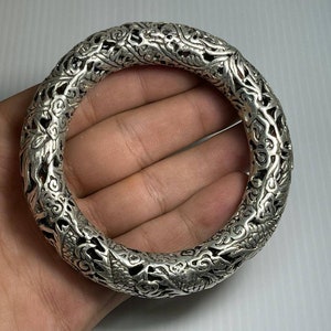 Very Unique Antique Silver Tibetan massive Old Mix Silver Dragoon Carved Bangle Bracelet