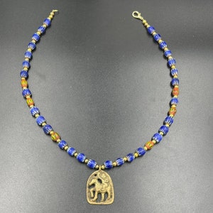 Wonderful Antique Venetain Blue Chervan Old African Trade Beads Strand Necklace With Ancient Roman Bronze Pendant Beautiful Necklace