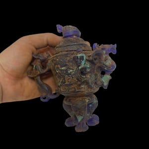 Ancient Roman ,Near Eastern Blue Crystal Carving Vessel with Mythical Beast Terminal