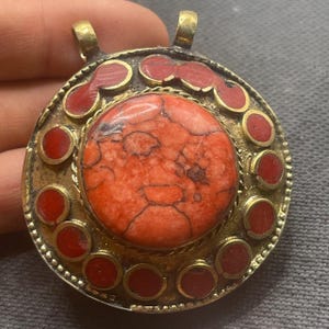 Beautiful Antique Tibetan Old Brass With jasper Stone Unique Pendant