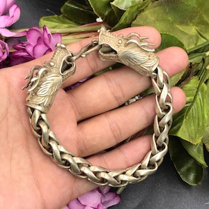 Wonderful Ancient Viking Style SIilver Twisted Bracelet With Dragon Heads