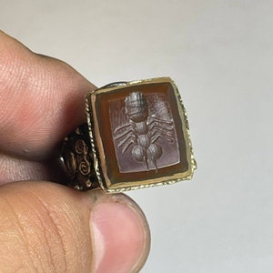 Beautiful Post Medieval Old Brass Ottomans seal Ring With Jasper intaglio Stone