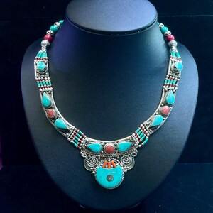 Beautiful Vintage Tibetan Himalayan Silver Plated coral and turquoise Stone Unique Design Necklace