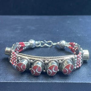 Beautiful Vintage Tibetan Himalayan Silver Plated with Natural Coral Stone unique design handmade Bracelet