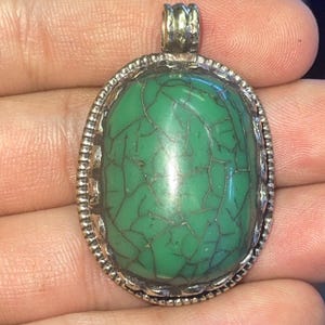 Vintage Tibetan Malachite Pendant: Rare Brass Flower Engravings