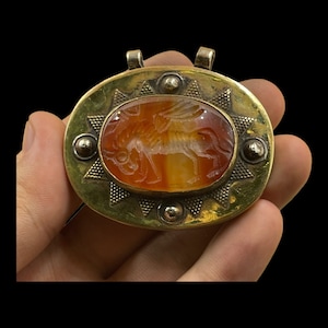 Ancient Agate Intaglio Pendant: Brass Animal Talisman