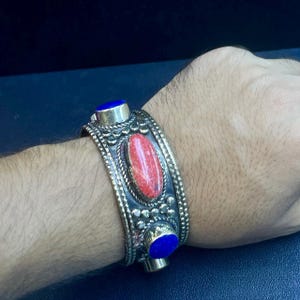 Beautiful Vintage Tibetan Himalayan Silver Plated Cuff Bracelet with Coral and lapis lazuli Stone
