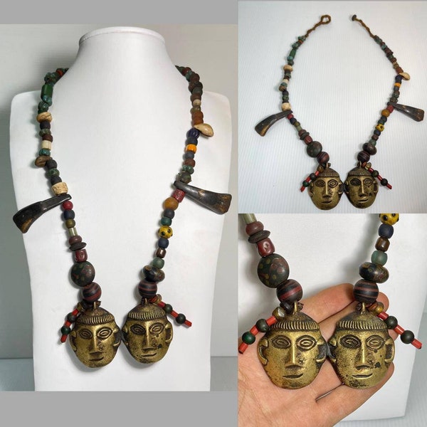 Very Beautiful African Tribal 2 Mask Faces pendants Ancient mosaic glass Beads and Shells Old Unique Necklace