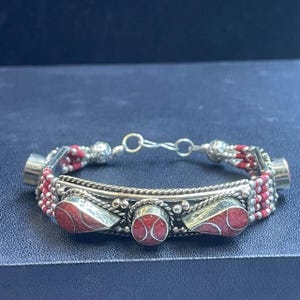 Beautiful Vintage Tibetan Himalayan Silver Plated with Natural Coral Stone unique design handmade Bracelet