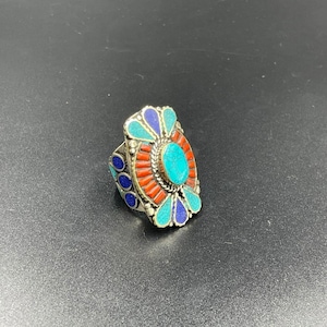 Beautiful Vintage Himalayan Jewelry Tourquies, Coral and Lapis stone inlaid Brass Ring, Adjustable Size Unique ring