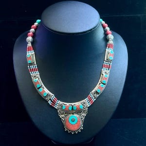 Beautiful Vintage Tibetan Himalayan Silver Plated coral and turquoise Stone Unique Design Necklace