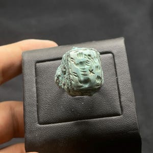 Exquisite Ancient Roman Style Bronze with old turquoise intaglio Stone Ring With Rare Patina