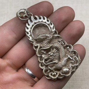 Vintage Chinese Bronze Dragon Pendant: Carved Inscription Amulet
